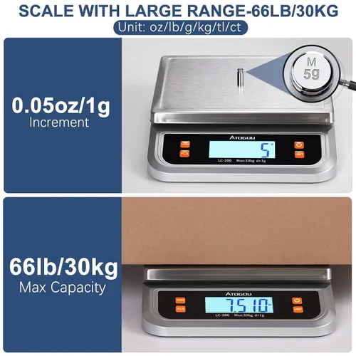 Vista 2 de Báscula de alimentos Atogou de 66 libras, báscula de cocina comercial enchufable Full View LCD Display, Stainless Steel, for Baking, Bread