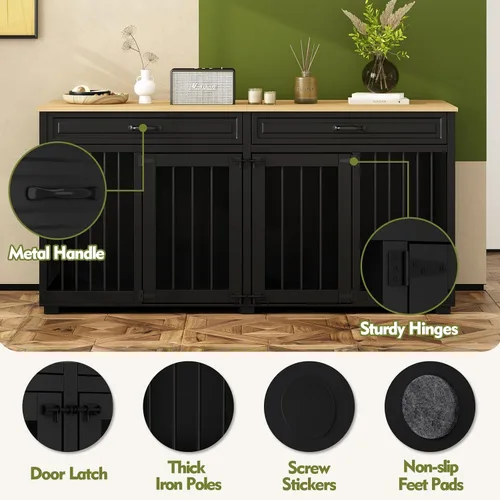 Vista 5 de Muebles grandes de jaula doble para perros de 64.6 pulgadas, muebles de madera para perreras con divisor y 2 cajones, muebles para 2 perros pequeños