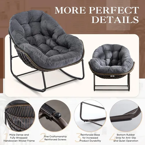 Vista 9 de Mecedora de gran tamaño para interiores, cómoda silla mecedora de pana con cojín grueso y marco, silla mecedora grande de mimbre para sala de estar