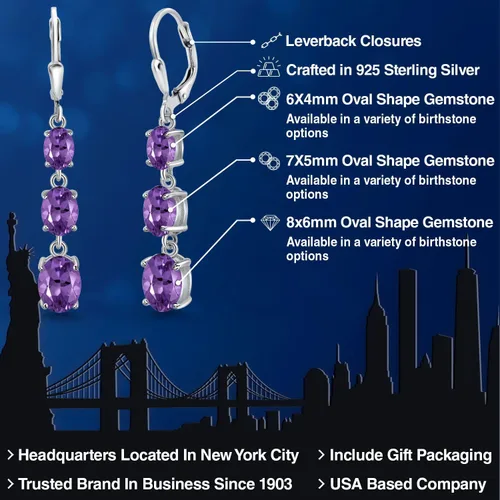 Vista 2 de Gem Stone King Aretes colgantes de plata de ley 925 con piedra natal de 3 piedras ovalados de 0.315 x 0.236 in, 0.276 x 0.197 in y 0.236 x 0.157 in