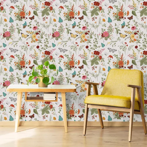 Vista 4 de VEELIKE Papel tapiz de 17.7 x 118 pulgadas con diseño de mariposas y caléndulas florales, para dormitorio, baño, guardería, papel de contacto floral