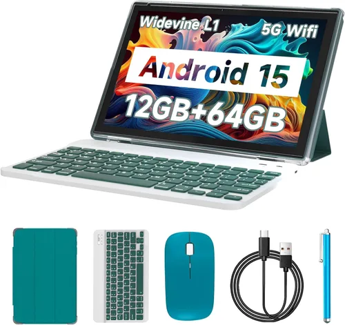 Vista 9 de Tablet Android 15 de 10 pulgadas, 12GB RAM+64GB ROM+1TB expandible, tabletas 2 en 1 con teclado/estuche/ratón/lápiz óptico, procesador de cuatro