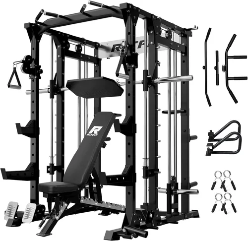 Vista 19 de RitFit Máquina Buffalo Smith, jaula eléctrica con sistema LAT-Pull Down y sistema de cruce de cables, estante de sentadillas todo en uno