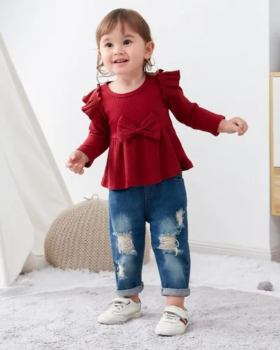Vista 3 de YALLET Conjunto de ropa de bebé niña con volantes y pantalones de mezclilla rasgados