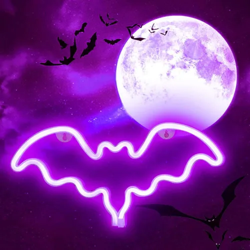 Vista 8 de Vicila Letreros de neón con forma de murciélago para Halloween, luces de neón LED, regalos espeluznantes, lámpara con forma de murciélago para Azul