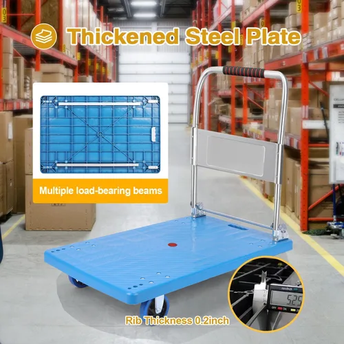 Vista 6 de Carro de mano de plataforma resistente para mudanza, plataforma plegable con ruedas giratorias de 360 grados, carrito de mano plegable para carga