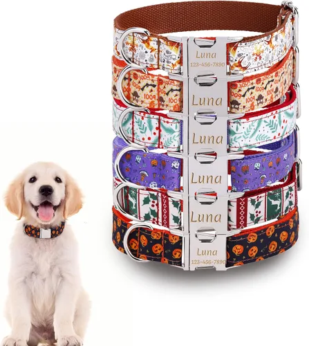 Vista 11 de Collar de perro personalizado con placa de nombre, ajustable resistente nailon personalizable collar de identificación grabado con hebilla de metal