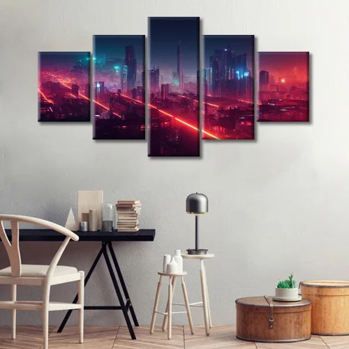 Vista 243 de Cuadros de 5 paneles de Cyberpunk City, arte de pared, representación de vallas publicitarias, edificios modernos en la capital con obras de arte
