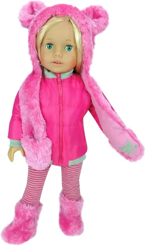 Vista 2 de Sophia's Muñeca de 18 pulgadas, 4 piezas. Traje de invierno con chaqueta de nailon rosa intenso, sombrero y botas de piel sintética de oso