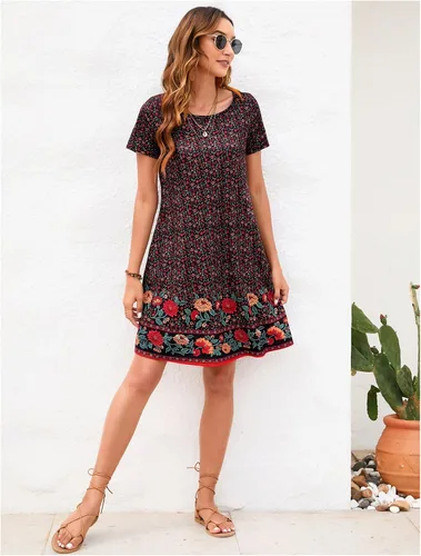 Vista 6 de Sherosa - Vestido de verano sin mangas o con manga corta, estampado floral, con bolsillos, casual, suelto, con vuelo, vestido estilo camiseta