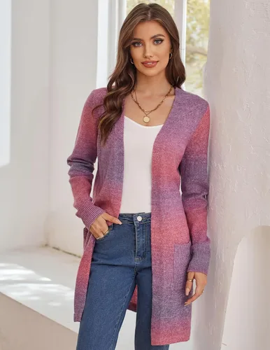 Vista 3 de GRACE KARIN Suéter de arcoíris para mujer, parte delantera abierta, color lavanda, chaqueta de manga larga con bolsillos