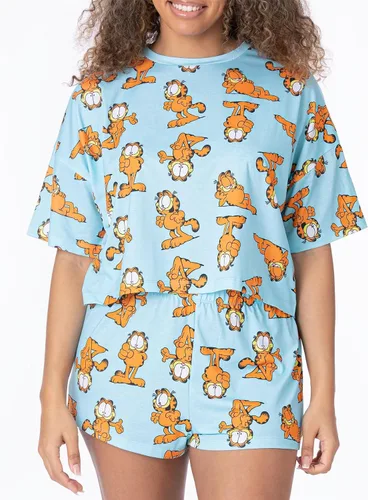 Vista 3 de Garfield Pijama para mujer Camiseta corta para mujer adulta con pantalones cortos y pantalones cortos, pijama azul con estampado de gato de dibujos