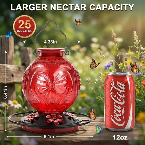 Vista 2 de Comedero de vidrio para colibríes para colgar al aire libre, comedero de néctar de colibrí de 25 onzas con perca y 5 puertos de alimentación de Rojo