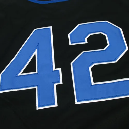 Vista 7 de Dabuliu Camiseta de béisbol retro Black Legend 42 para hombre, parches bordados, camisetas hipster hip hop cosidas