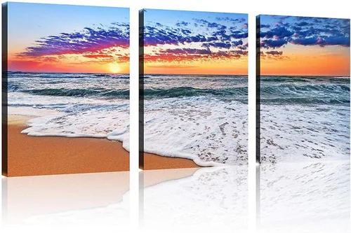 Vista 69 de TutuBeer 3 paneles de fotos de playa, arte de pared, diseño de mar azul, playa blanca al amanecer, imágenes impresas en lienzo, imágenes del océano
