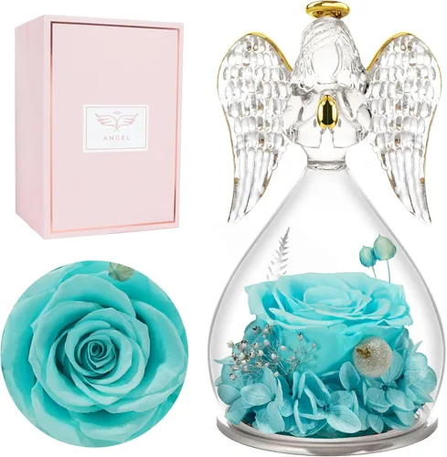 Vista 27 de Miofula Regalos para mamá, regalos de cumpleaños para mujeres, flores preservadas en figuras de ángel de cristal, flores frescas para entrega, Rosa