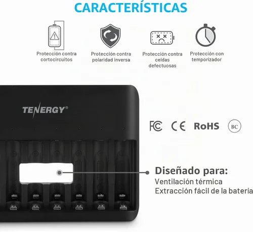 Vista 6 de Tenergy TN477U - Cargador rápido de 8 bahías para baterías recargables NiMH/NiCD AA AAA con 4 unids 2500 mAh AA y 4 pilas recargables AAA de 1000 mAh