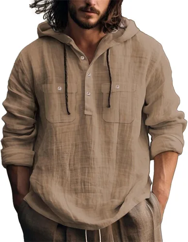 Vista 9 de Camisas de lino para hombre, ligeras, con botones, de manga larga, con capucha, ajuste regular, de algodón, para la playa