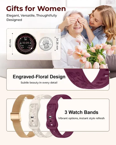 Vista 2 de Relojes inteligentes para mujeres, pantalla AMOLED de 1.27" con monitor de fitness, frecuencia cardíaca, SpO2, monitor de sueño, 3 bandas, más
