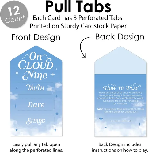 Vista 3 de Big Dot of Happiness On Cloud 9 - Juego de 12 tarjetas de encurtidos para despedida de soltera o despedida de soltera – Truth, Dare, Share Pull Tabs