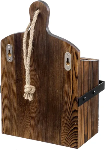 Vista 7 de MyGift Soporte rústico para utensilios de madera maciza montado en la pared con barra de toalla – Estante organizador de cocina estilo tabla