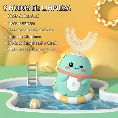 Vista 3 de Cepillo de dientes eléctrico para niños en forma de U, cepillo sónico automático para niños pequeños con 5 cabezales de cepillo, cepillos Dinosaurio