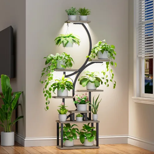 Vista 11 de Soporte para plantas con luces de cultivo para plantas de interior, estante esquinero alto de 8 niveles con luz de espectro completo, en forma de S