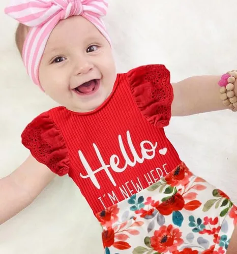 Vista 2 de ZOELNIC Ropa de bebé niña, mameluco de encaje con volantes de verano para recién nacido + pantalones cortos florales, 3 piezas, sesión de fotos