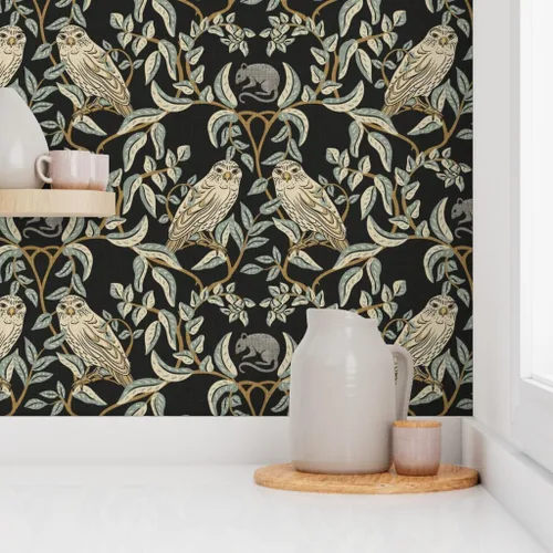 Vista 8 de Muestro de papel tapiz extraíble – Little Owl Damask William Morris Farmhouse Arts and Crafts Birds of Rapy, papel tapiz de transición verde suave