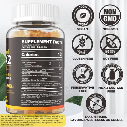 Vista 2 de Gomitas de oso de vitamina D3 K2 – Vitamina D3 5000iu y vitamina K2 de 200 mcg + calcio 600 mg para adultos y apto para GLP-1, aceite de coco