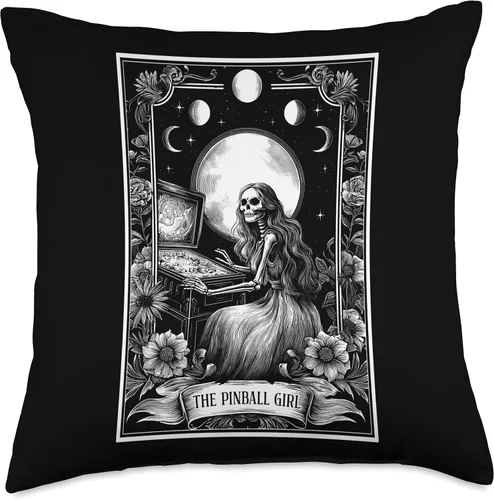 Vista 4 de The Pinball Girl Retro Arcade Game 80s Tarot Card Skeleton Throw Pillow