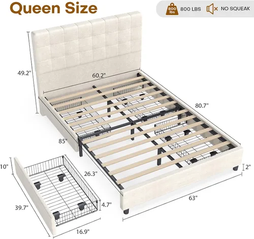 Vista 2 de EVLIQUIL Base de cama tapizada tamaño Queen con 4 cajones de almacenamiento, cabecera capitonada con botones de diamante, marco de metal resistente