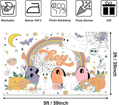 Vista 2 de Avezano Hey Boo - Telón de fondo retro Groovy Rainbow para Halloween, baby shower, decoración de fiesta de baby shower, mesa de postre