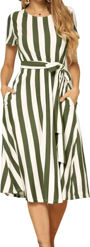 Vista 2 de Levaca - Vestido informal para mujer de manga corta a rayas con cinturón fluido y con bolsillos
