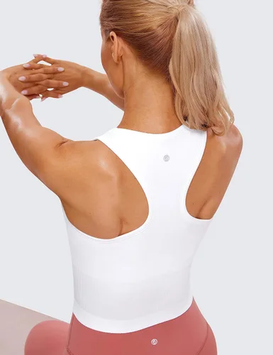 Vista 4 de CRZ YOGA Camiseta corta sin mangas de cuello alto acanalada sin costuras para mujer, sujetadores deportivos acolchados con espalda cruzada larga