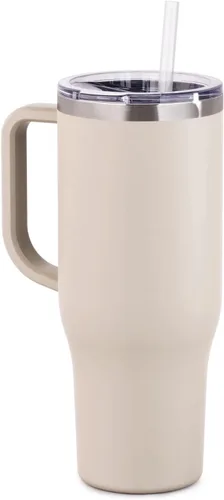 Vista 2 de Maars Charger - Taza de viaje aislada de 40 onzas con asa, vaso de acero inoxidable sellado al vacío de doble pared con popote y tapa, ónix blanco