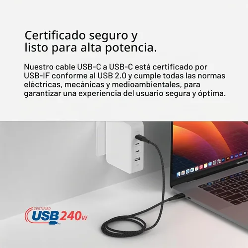 Vista 5 de Belkin BoostCharge - Cable USB C a USB C, cable de alimentación de carga rápida con cable de nailon trenzado, cabezal de aluminio anodizado, entrega