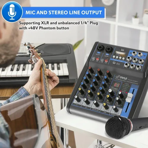 Vista 6 de Pyle Mezclador de Audio Profesional Placa de Sonido Consola del Sistema - 4 Canales - Bluetooth - Entrada USB MP3 para Computadora - 48V Phantom