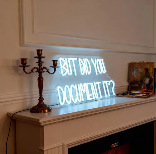 Vista 6 de Letrero de neón con texto en inglés "But Did You Document It", con cita de humor de oficina, luz de neón LED blanca, alimentada por USB, luz