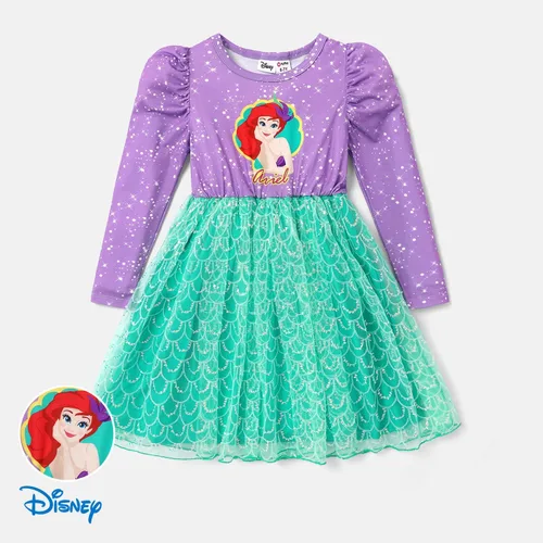 Vista 2 de Disney Princess Toddler Girl Dress, Little Mermaid Ariel Long Sleeve Green Mesh Tutu Dress 3-8 Years