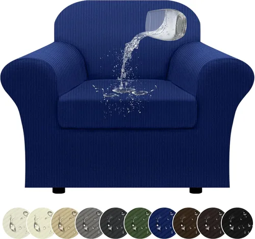 Vista 40 de Funda impermeable para silla con brazos, juego de 2 piezas, funda a rayas para 1 sofá separado con cojín en T, fundas de sillón de tela