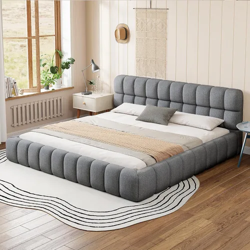 Vista 27 de Base de cama tapizada de terciopelo con cabecera capitoné de canal, cama de perfil bajo tamaño Queen con soporte de listones resistente, no necesita