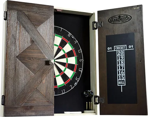 Vista 2 de Gabinete de dardos de madera Barrington Bellevue con tablero de dardos de cerdas de 18 pulgadas y juego de dardos de punta de acero, perfecto