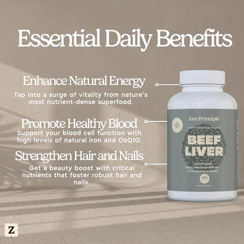 Vista 3 de Zen Principle Hígado de res desecado ultrapuro, alimentado con pasto y acabado Nueva Zelanda, sin hormonas ni OMG, energía natural y apoyo