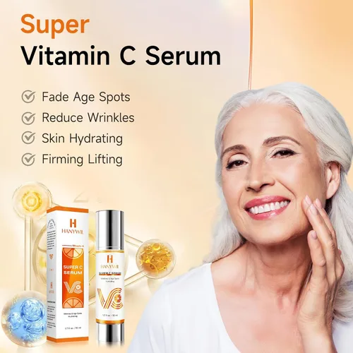 Vista 2 de HANYWIL Suero súper vitamina C con 20% para piel madura, se dirige a la reducción de manchas y arrugas con ácido hialurónico, suero hidratante