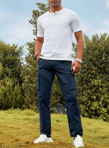 Vista 3 de JMIERR Pantalones cargo para hombre, casuales, de algodón, ajuste relajado, cintura elástica, ligeros, con múltiples bolsillos