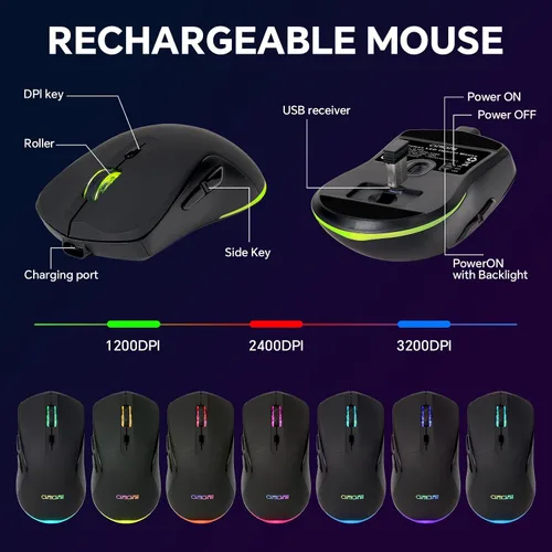 Vista 3 de CHONCHOW Combo de teclado y mouse inalámbricos 60 % para juegos, retroiluminación RGB recargable con luz LED, mouse y teclado inalámbricos
