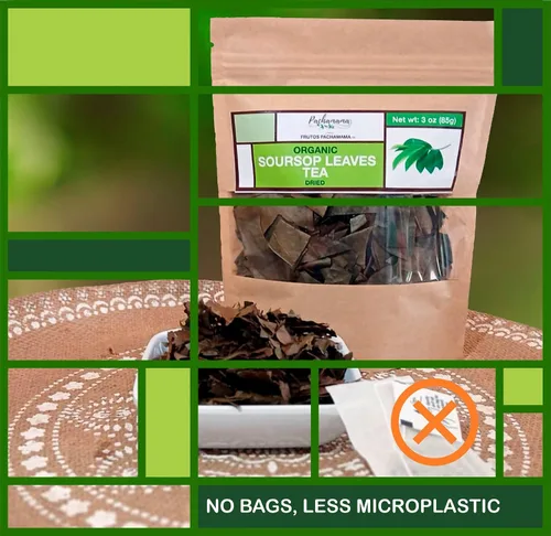 Vista 2 de Frutos Pachamama Té orgánico de hojas de guanábana – Hoja de guanábana seca 100% pura, secada al sol y seleccionada a mano para frescura Apoya
