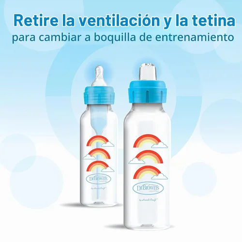 Vista 5 de Kit de iniciación de vasito anti-cólico Dr. Brown's Options+ estrecho, 8 onzas/250mL, con tetina de flujo medio-rápido Nivel 3 y boquilla de sorber