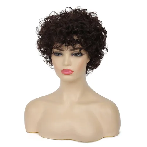 Vista 3 de Pelucas cortas y rizadas marrones para mujer, aspecto natural, peluca de pelo sintético marrón para cosplay
